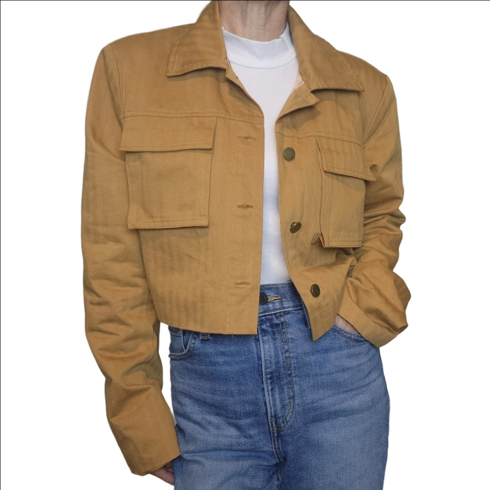 Cropped Utility Jacket Buttons Collared Warm neutral tone 100% Cotton ACOA